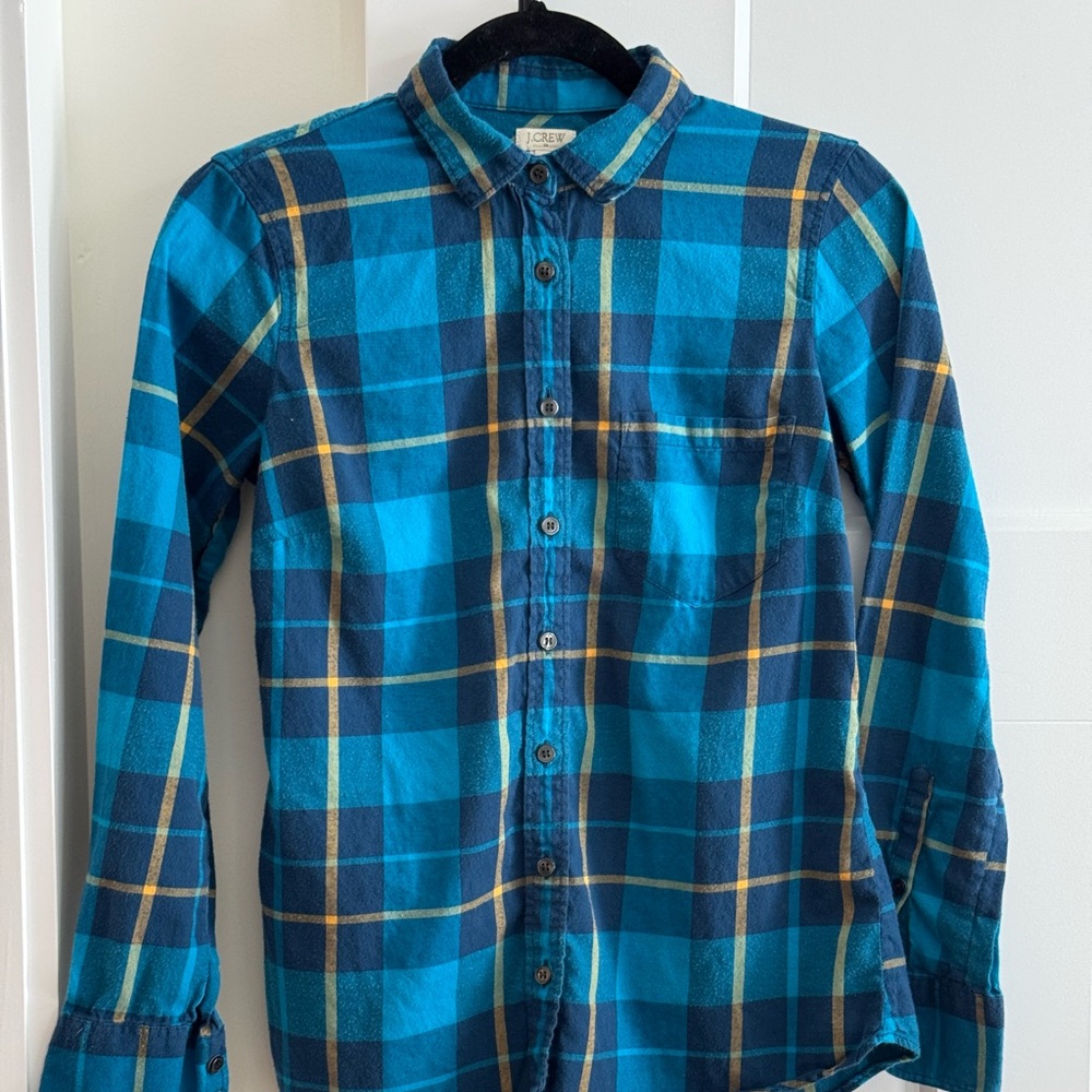 J. Crew Teal and Mustard Plaid Women’s Flannel Shirt